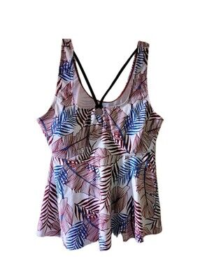Women's White One-Piece Swimdress with Blue and Burgundy Tropical Print